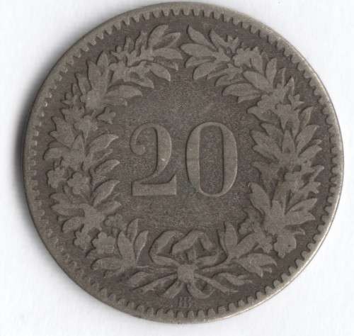 1851 Switzerland 20 rappen ` BB ` mint mark