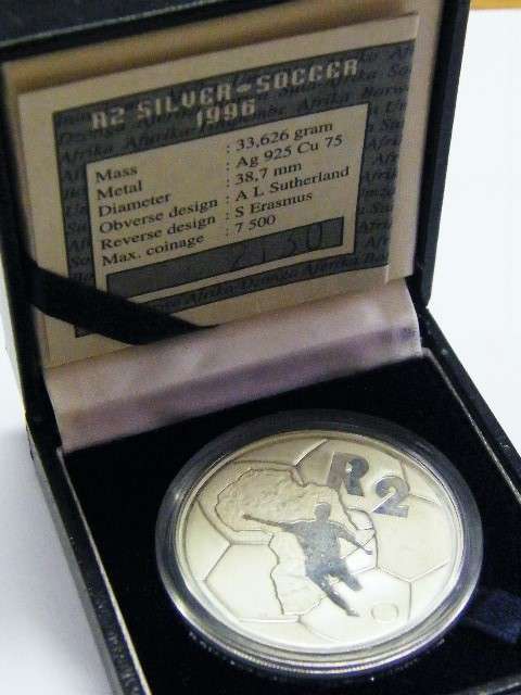 1996 RSA proof silver R2 soccer with COA number 2130