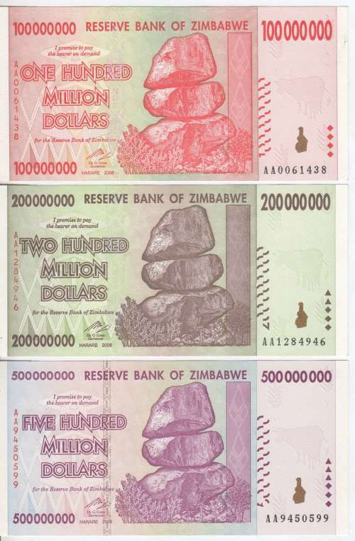 Zimbabwe 2008 - lot of 5 uncirculated notes - 100 million dollars to 5 billion dollars - All AA