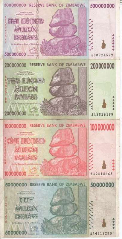 Lot of 10X Zimbabwe banknotes with balancing rocks - 5 dollars to 500 million dollars