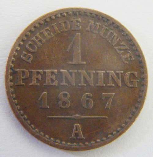 1867 German States 1 Pfennig - `A` mintmark