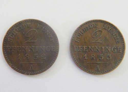 Lot of 2 German States 2 Pfennige: 1852 and 1853 - `A` mintmark