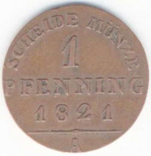 1821 German States 1 Pfenning - `A` mint mark
