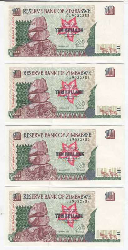 Lot of 4 Consecutive Zimbabwe ten Dollar banknotes 1997 - UNC with creases