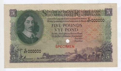 MH de Kock colour trail C67 specimen five pound banknote - Uncirculated with slight crease top left
