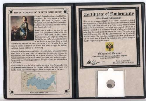 Silver "Wire Money" of Peter 1 (The Great) silver Kopek in booklet with certificate of authernticity