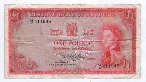 Rhodesia 1964 one pound banknote - Scarce