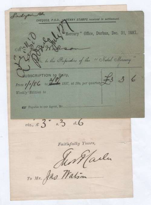 Invoice and letter of demand for the amount of £3/3-6 payable to the Natal Mercury for 18 months