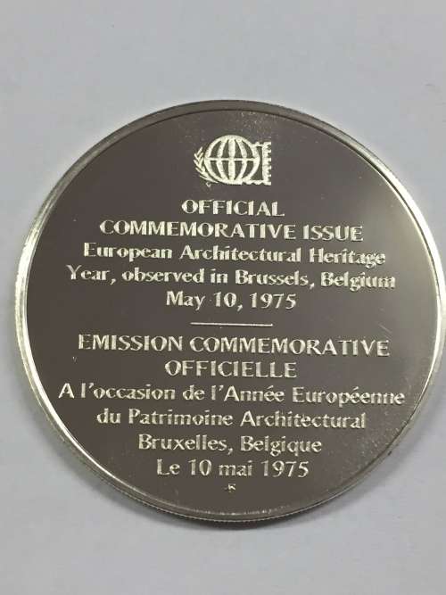 Proof sterling silver medallion honoring European Architectural heritage year 1975