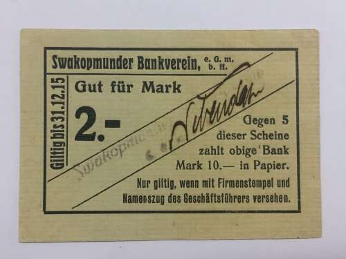 1915 German South West Africa Swakopmunder Bankverein 2 Mark token - Uncirculated