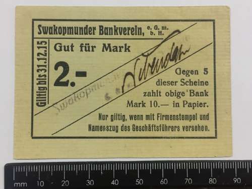 1915 German South West Africa Swakopmunder Bankverein 2 Mark token - Uncirculated