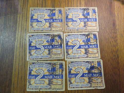 Lot of 6 petrol coupons - 1946 - 3 x 2 gallon, 3 x 5 gallon