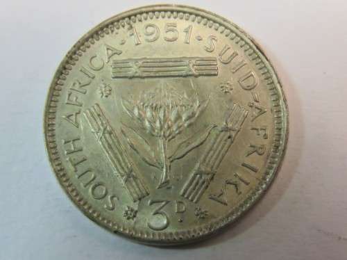 1951 South Africa 3 Pence (tickey) - Cracked Die