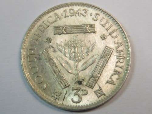 1943 South Africa 3 pence(tickey) - Double cracked die