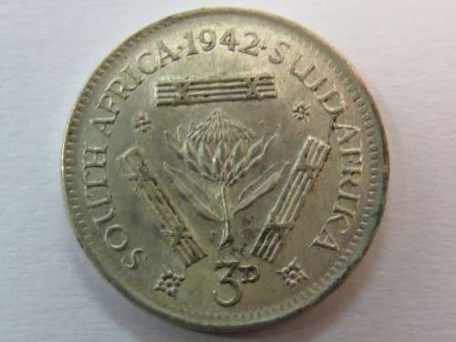 1942 South Africa 3 pence (tickey) - cracked die