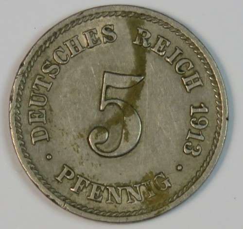 1913 (J) Germany Empire 5 Sfenning coin - Nice condition
