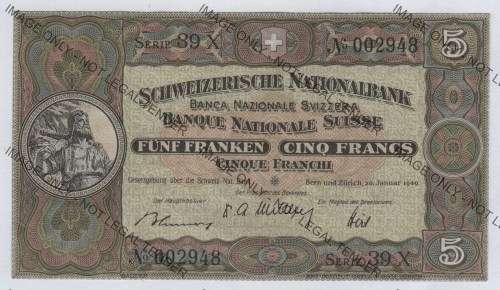 Switzerland 20 January 1949 note - 5 Francs