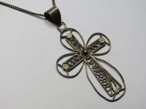 Antique silver filigree cross pendant with necklace - necklace 38cm length