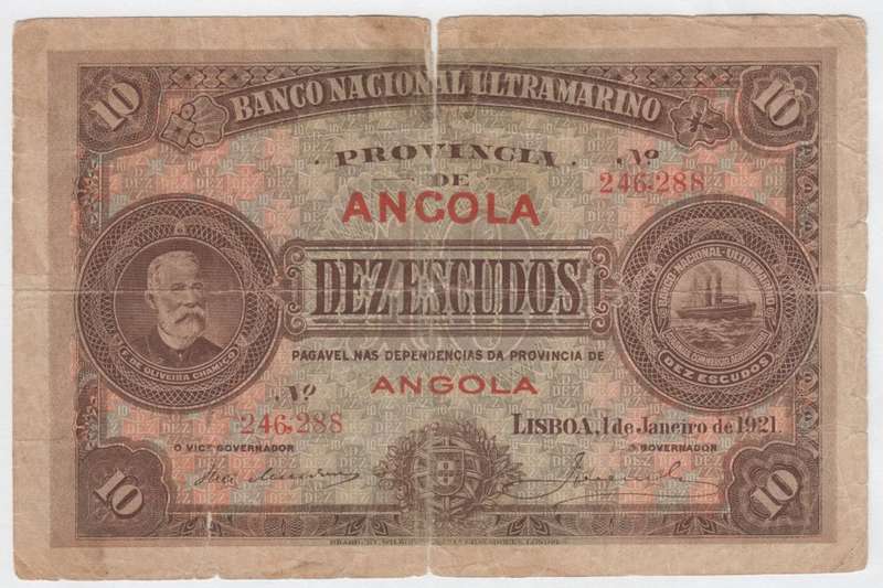 1921 Angola Type 3 Ten Escudos - Good condition with tears