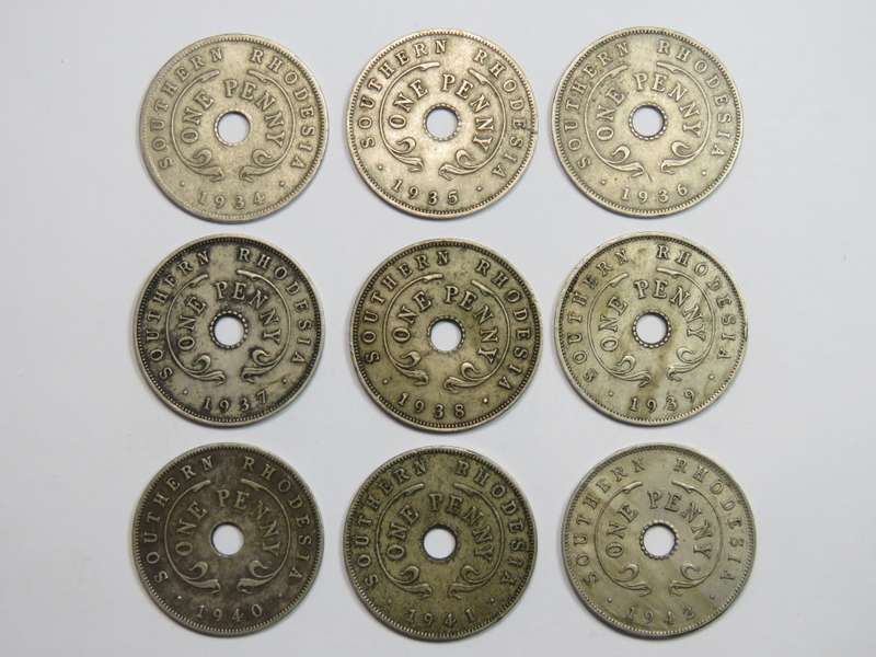 Southern Rhodesia Full set of copper - nickel pennies 1934 to 1942