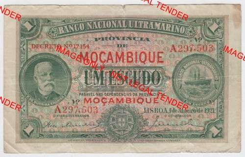 Mozambique Banco Nacional Ultramarina 1921 Mozambique UM Escudo with `Decreto` - VF, small tear