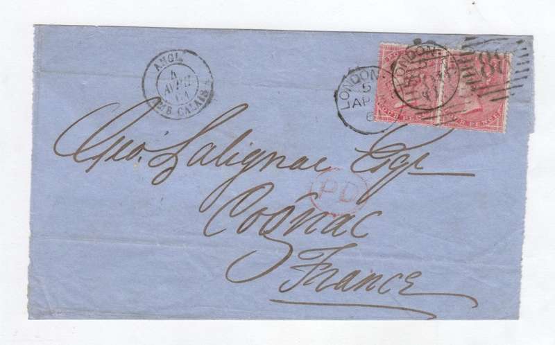 Stanley Gibbons No.66 pair of 4 Pence stamps send from London to France - CAT ETO on cover and E38