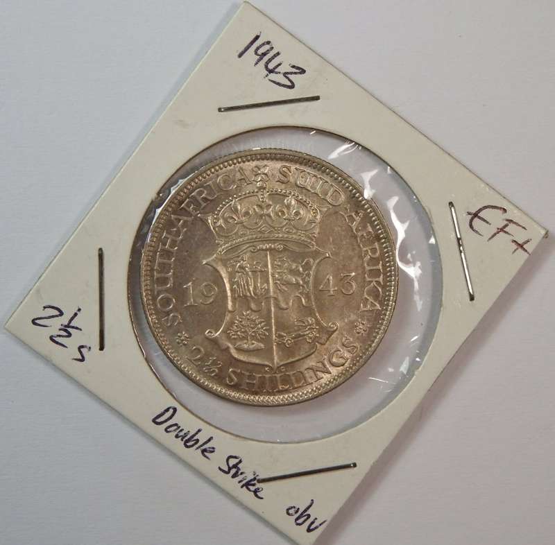 1943 South Africa half crown - EF+ - Double struck obverse! - Only one I have ever seen!