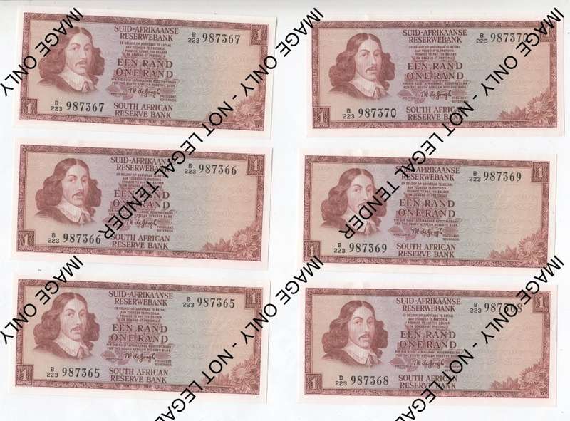 TW de Jongh 1973 second issue lot of 10 x R1 banknotes with consecutive numbers -Some slight creases