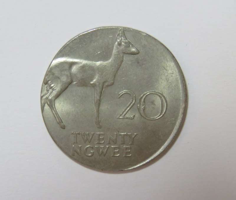 Zambia Misstruck 1968 error coin 20 NGWEE on smaller planchet