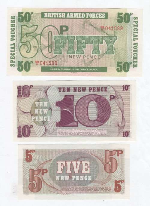 Britain - British Armed Forces - 1972, 6th series: 5 pence, 10 pence, 50 pence - Sold as a lot, UNC