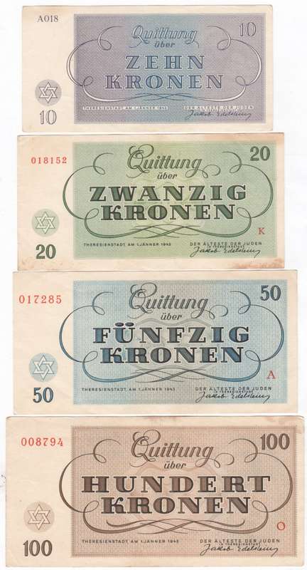 Set of WW2 Jewish Concentration Camp Money 10,20,50 & 100 Kronen - Theresienstadt in Czech Republic