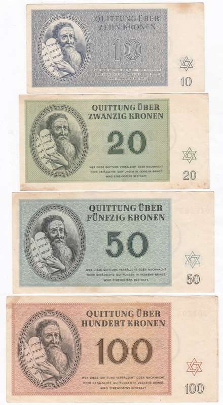 Set of WW2 Jewish Concentration Camp Money 10,20,50 & 100 Kronen - Theresienstadt in Czech Republic