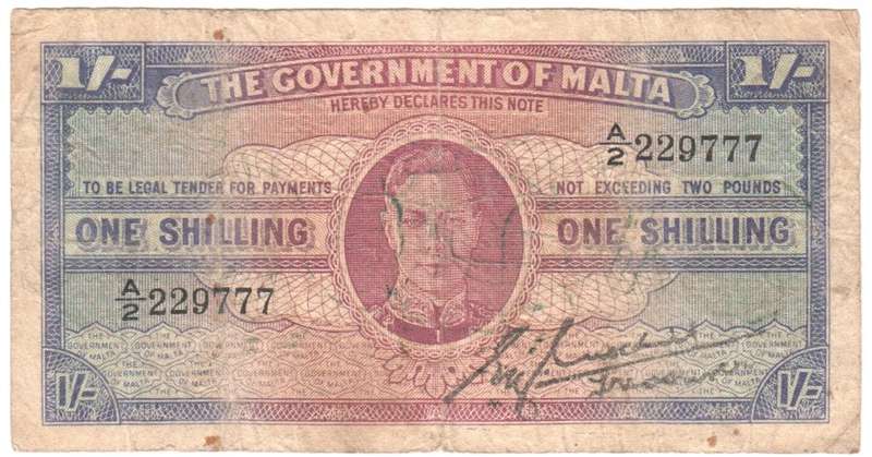Malta  One Shilling Banknote - George VI - uniface