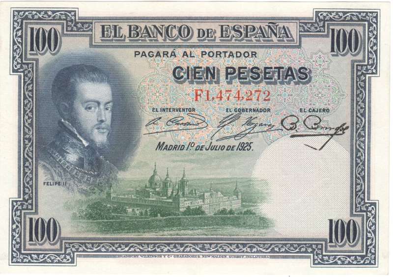 Spain 100 Peseta El Banco de Espana 1925 Felipe 2 note - WITHOUT SERIES - UNCIRCULATED