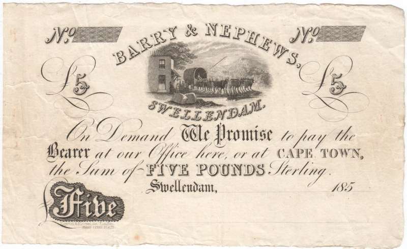 Barry and Nephews Swellendam unissued 1850`s Five Pounds banknote - exceptional quality