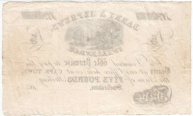 Barry and Nephews Swellendam unissued 1850`s Five Pounds banknote - exceptional quality