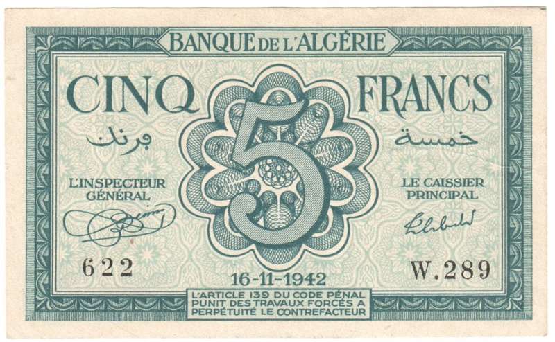 Algeria 5 Francs 1942 uncirculated