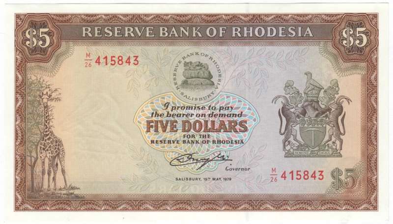 Rhodesia 1979 Five dollar uncirculated banknote with bird watermark - slight fold