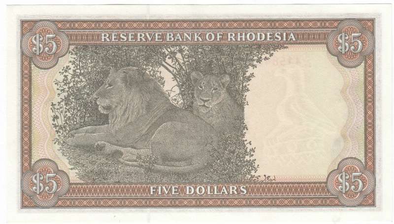 Rhodesia 1979 Five dollar uncirculated banknote with bird watermark - slight fold