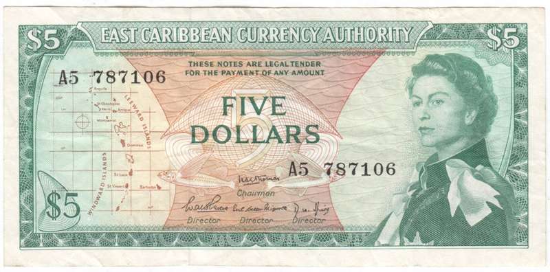 East Caribbean Sates 1965 Five Dollars variation 1 - XF