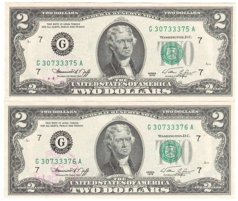 USA 1976 Bicentennial 2 Dollars - 2 consecutive numbers with 13c stamp and cancellation JOYFIELD