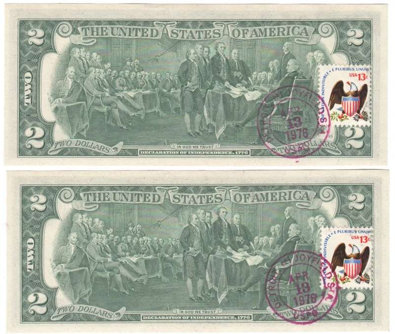 USA 1976 Bicentennial 2 Dollars - 2 consecutive numbers with 13c stamp and cancellation JOYFIELD