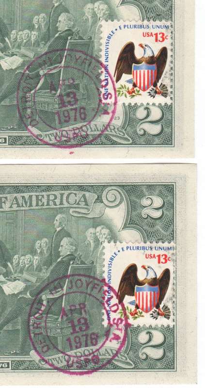 USA 1976 Bicentennial 2 Dollars - 2 consecutive numbers with 13c stamp and cancellation JOYFIELD