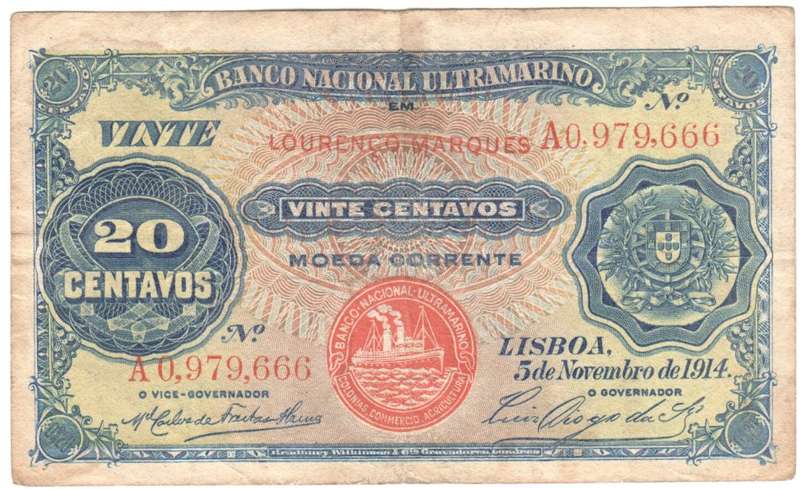 Mozambique 1914 Lourenco Marques 20 Escudo banknote