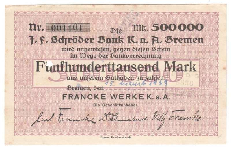 Germany 500000 Mark Bermen Notgeld 1923 - cancelled with star