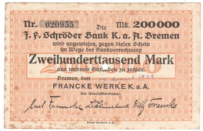 Germany notgeld 200 000 Mark - Bremen 1923 cancelled with star