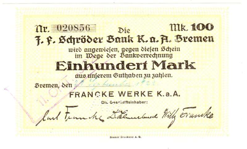 Germany notgeld 100 Mark - 1922 cancelled Abr