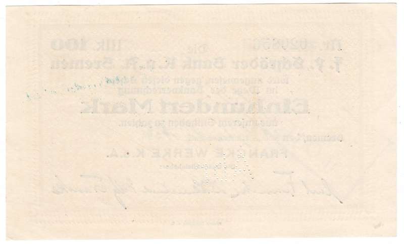 Germany notgeld 100 Mark - 1922 cancelled Abr