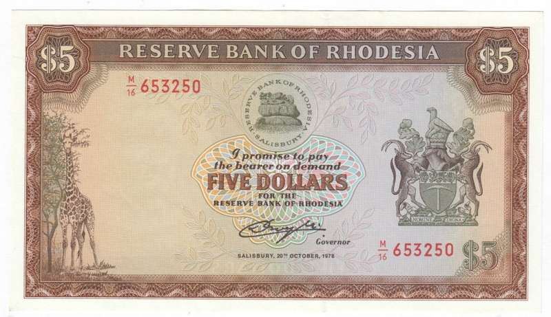 Rhodesia 5 Dollars 1978 uncirculated banknote