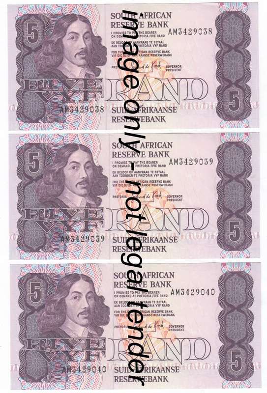 GPC de Kock Lot of 3 Consecutive numbered UNC R5 notes - 3rd Issue
